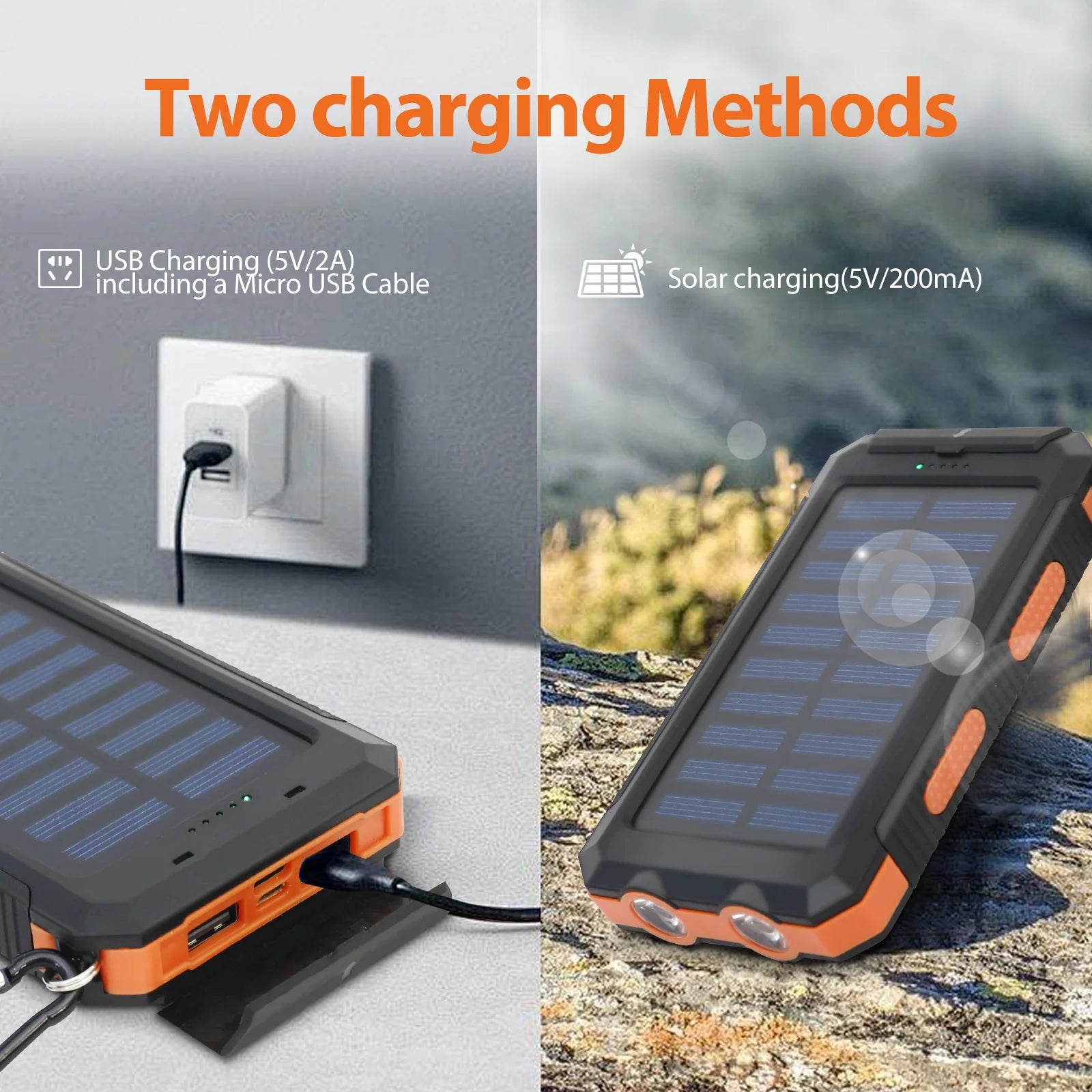 20000mAh Solar Power BanK Dual 5V USB Ports 2 LED Light Flashlight For Cell IPhone