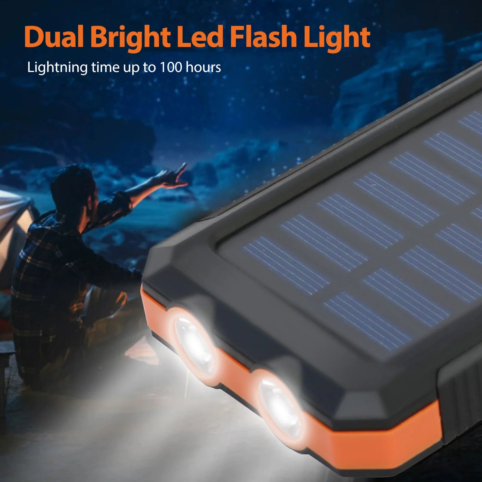20000mAh Solar Power BanK Dual 5V USB Ports 2 LED Light Flashlight For Cell IPhone