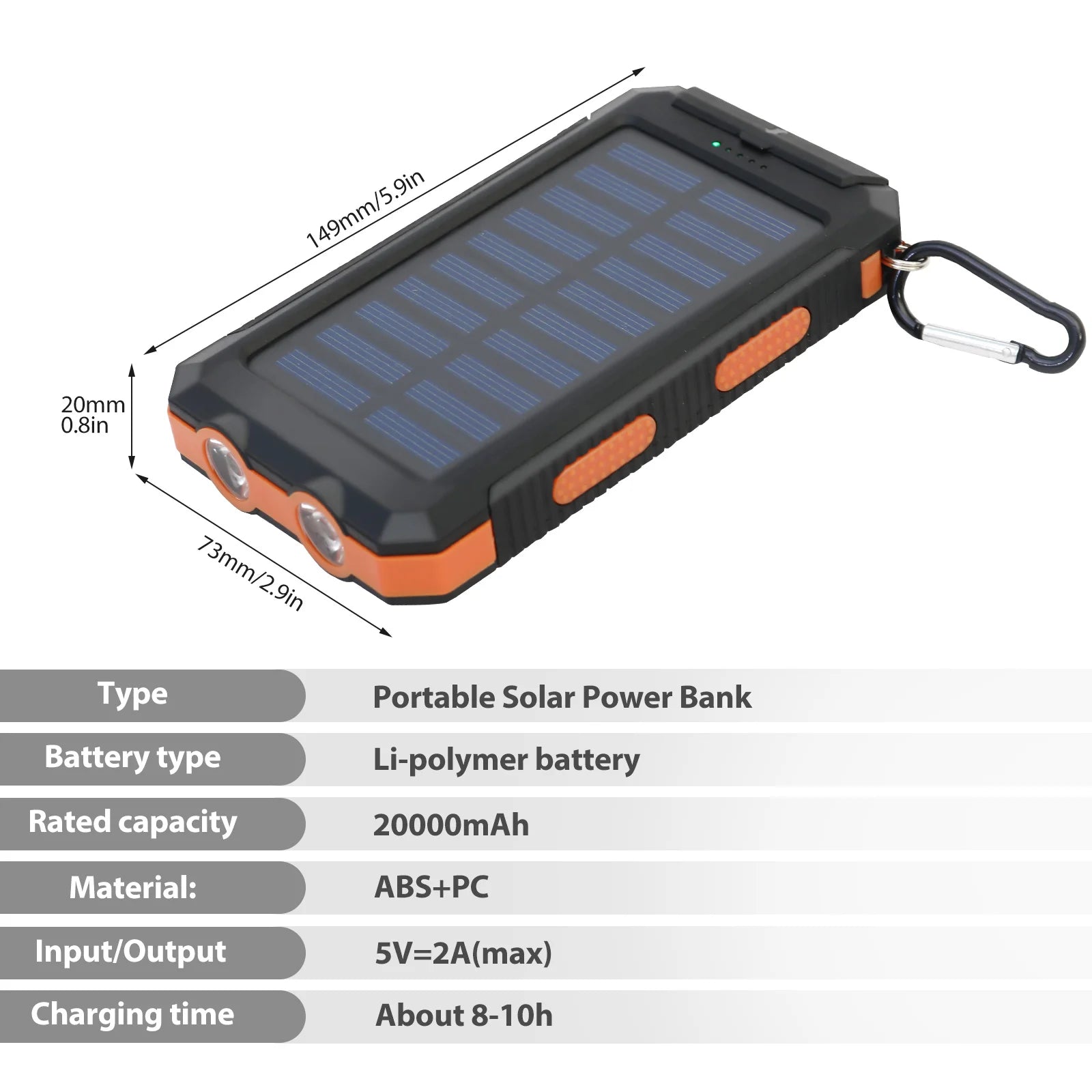 20000mAh Solar Power BanK Dual 5V USB Ports 2 LED Light Flashlight For Cell IPhone