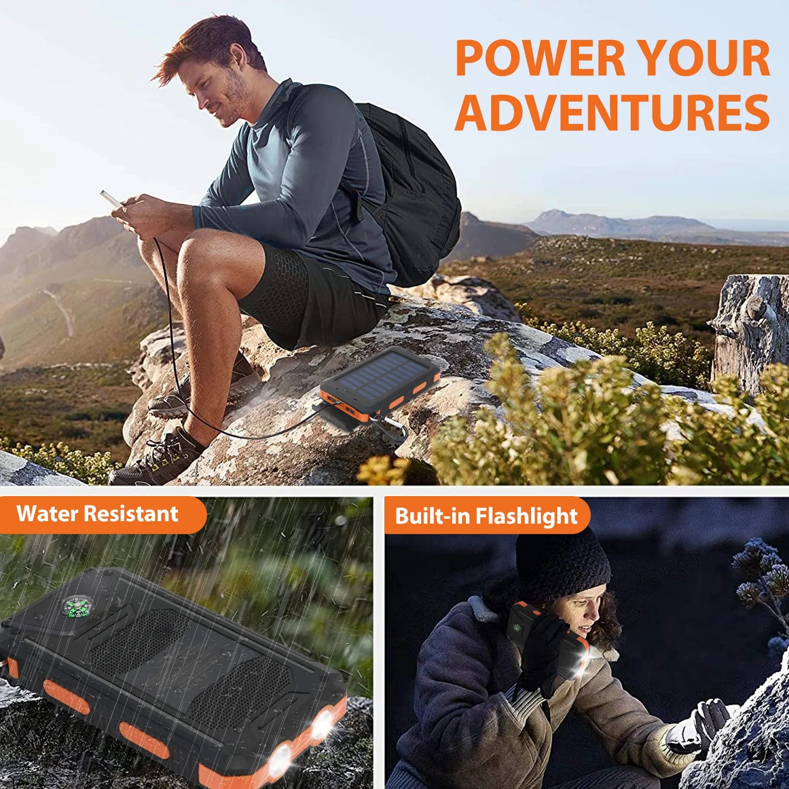 20000mAh Solar Power BanK Dual 5V USB Ports 2 LED Light Flashlight For Cell IPhone