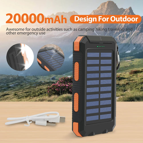 20000mAh Solar Power BanK Dual 5V USB Ports 2 LED Light Flashlight For Cell IPhone
